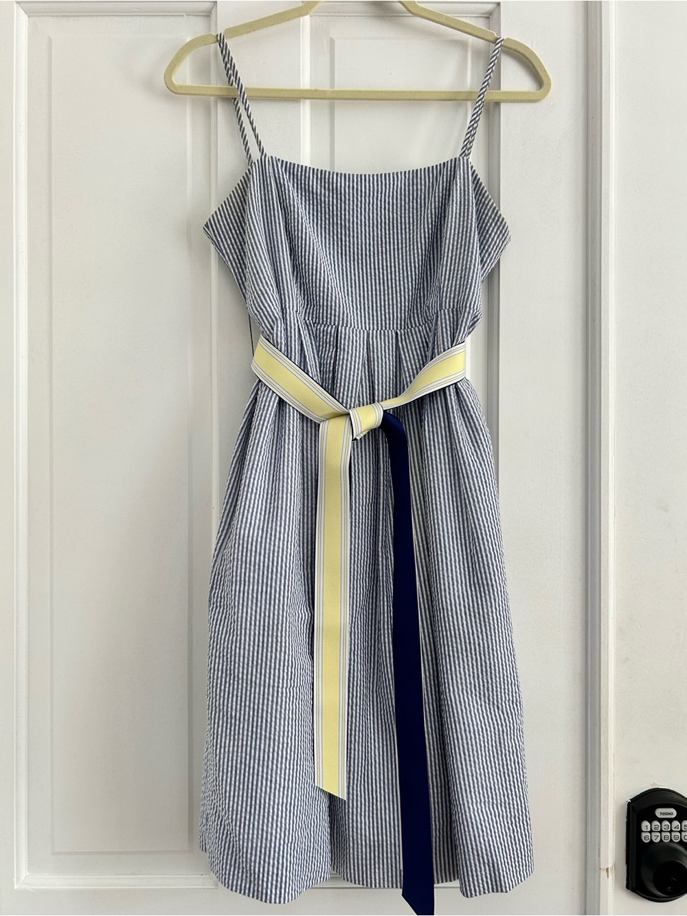 Molly B Blue and White Striped Midi Dress with Yellow Obi Tie